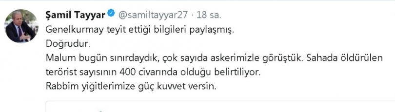 Milletvekili Tayyar öldürülen terörist sayısını açıkladı